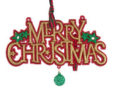 Christmas hanging ornament. Reads "Merry Christmas" in gold glitter. One ornament has red glitter around the text and features green stars with a green dangle. One ornament has green glitter around the text and features red stars with a red dangle.