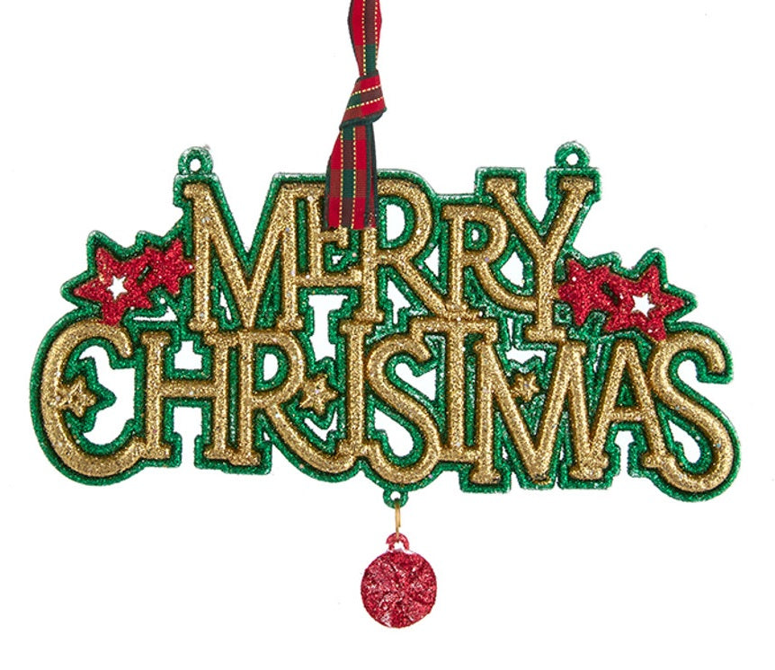 Christmas hanging ornament. Reads "Merry Christmas" in gold glitter. One ornament has red glitter around the text and features green stars with a green dangle. One ornament has green glitter around the text and features red stars with a red dangle.