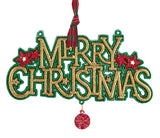 Christmas hanging ornament. Reads "Merry Christmas" in gold glitter. One ornament has red glitter around the text and features green stars with a green dangle. One ornament has green glitter around the text and features red stars with a red dangle.
