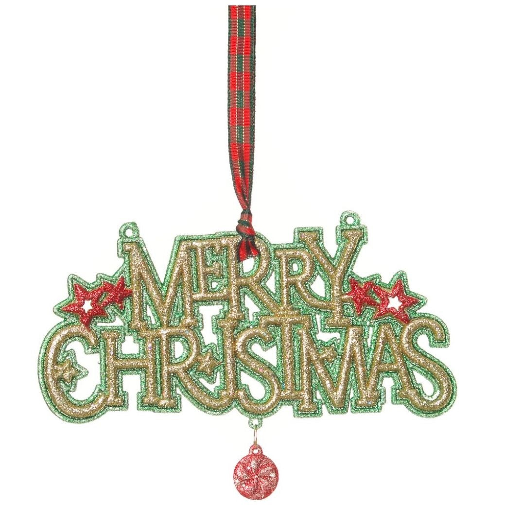 Christmas hanging ornament. Reads "Merry Christmas" in gold glitter. One ornament has red glitter around the text and features green stars with a green dangle. One ornament has green glitter around the text and features red stars with a red dangle.