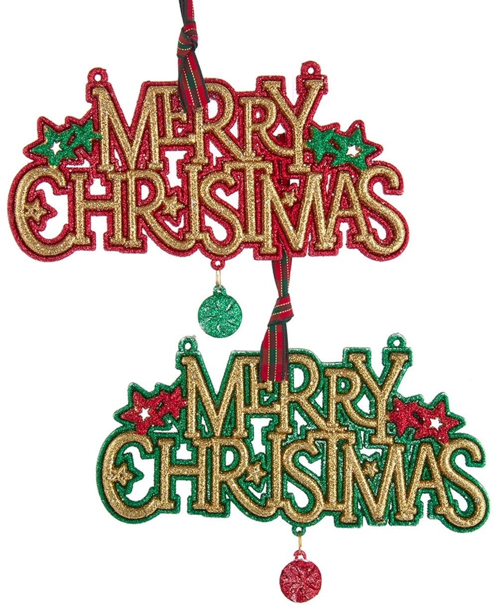 Christmas hanging ornament. Reads "Merry Christmas" in gold glitter. One ornament has red glitter around the text and features green stars with a green dangle. One ornament has green glitter around the text and features red stars with a red dangle.