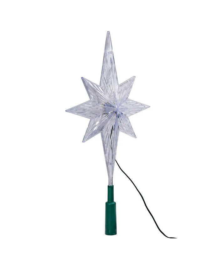 Clear Christmas tree star that shines with the color-changing LED lights inside.