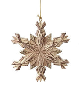 Plastic snowflake ornaments designed to look like they've been made out of distressed wood. There are two different options.