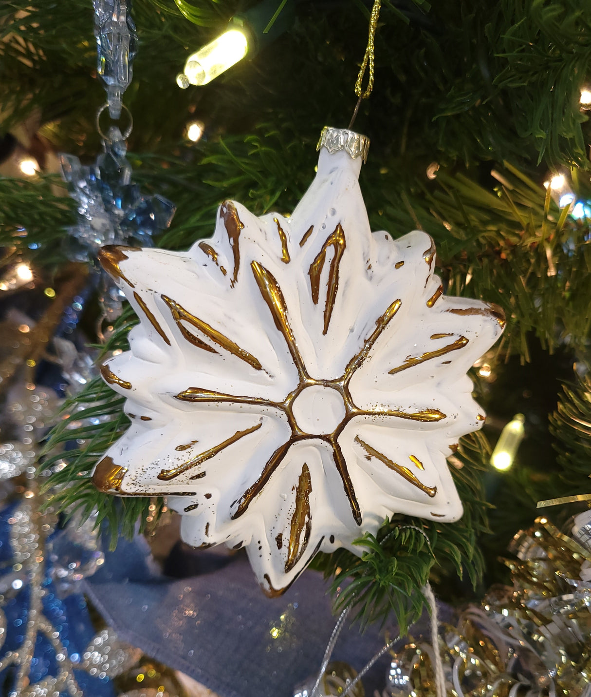 Distressed White & Gold Glass Snowflake Ornament