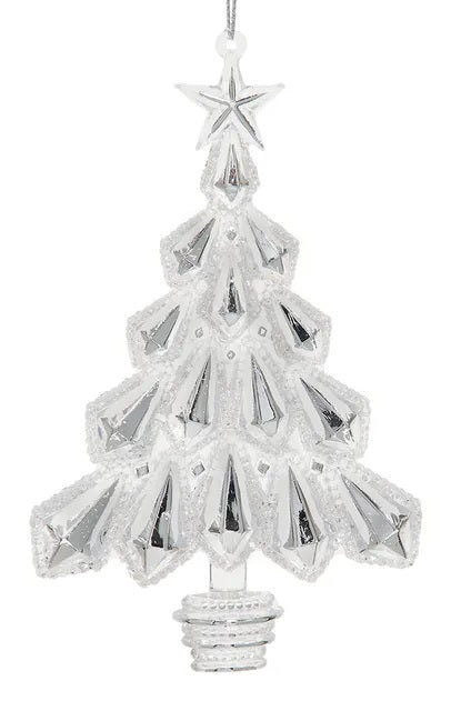A clear ornament covered in silver glitter. Shaped like a Christmas tree with a star on top.