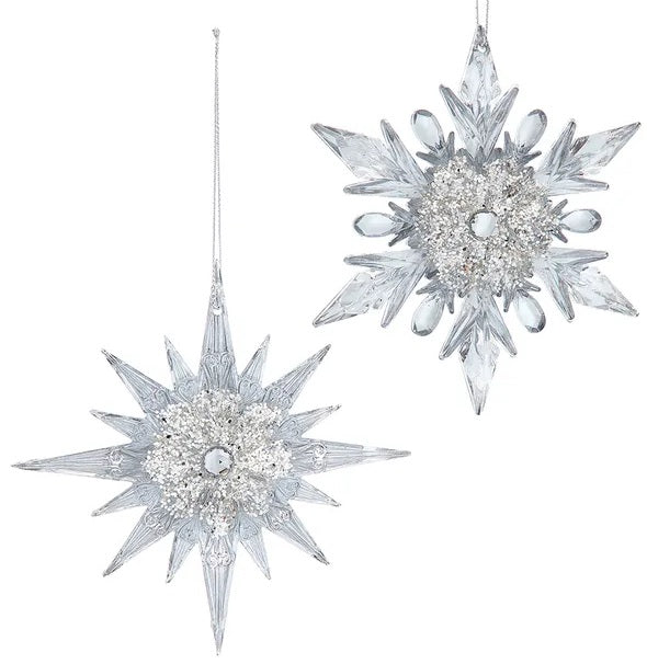 Clear ornaments covered in silver glitter. Both are shaped like snowflakes. One is all pointy. The other one has points and round points.