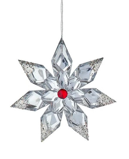 Snowflake shaped ornaments. This one is silver with silver glitter and a red gem in the center.