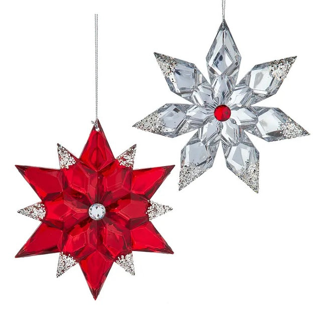 Snowflake shaped ornaments. One is red with silver glitter and a silver gem in the center. One is silver with silver glitter and a red gem in the center.