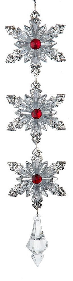 Dangling snowflake ornaments that end in a gem. One ornament features three silver snowflakes with red accents. One ornament features three red snowflakes with silver accents.