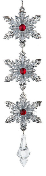 Dangling snowflake ornaments that end in a gem. One ornament features three silver snowflakes with red accents. One ornament features three red snowflakes with silver accents.