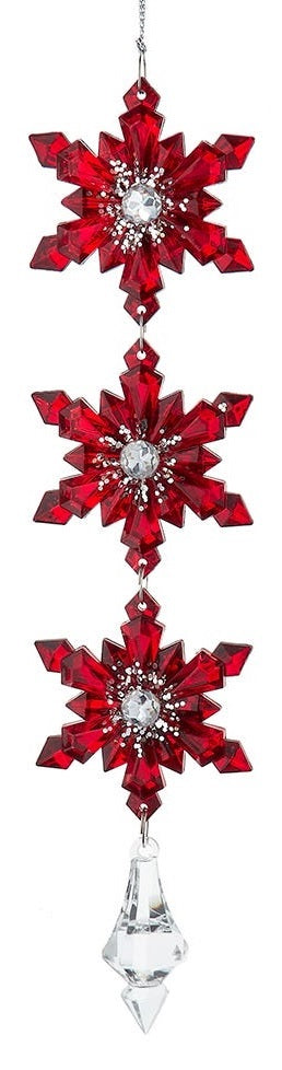 Dangling snowflake ornaments that end in a gem. One ornament features three silver snowflakes with red accents. One ornament features three red snowflakes with silver accents.