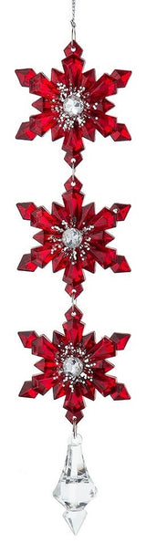 Dangling snowflake ornaments that end in a gem. One ornament features three silver snowflakes with red accents. One ornament features three red snowflakes with silver accents.
