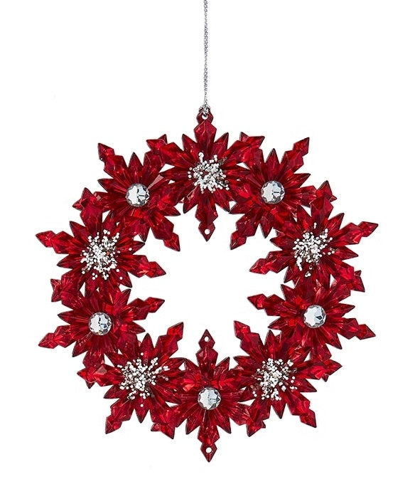 Ornaments shaped like a wreath. One is silver with red accents. One is red with silver accents.