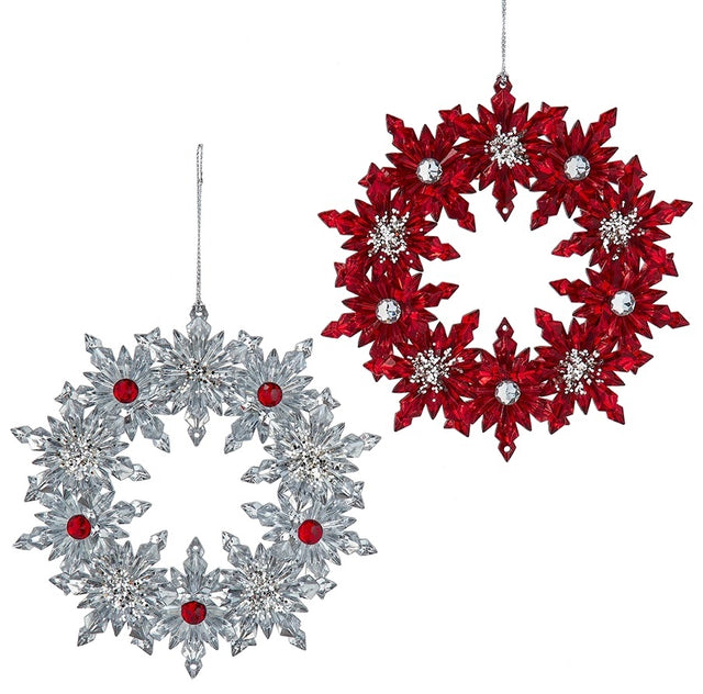 Ornaments shaped like a wreath. One is silver with red accents. One is red with silver accents.