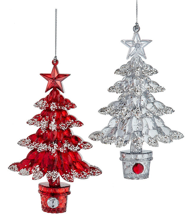Ornaments shaped like a Christmas tree with a star on top. One is red with silver glitter and features a silver gemstone at the base. One is silver with silver glitter and features a red gemstone at the base.