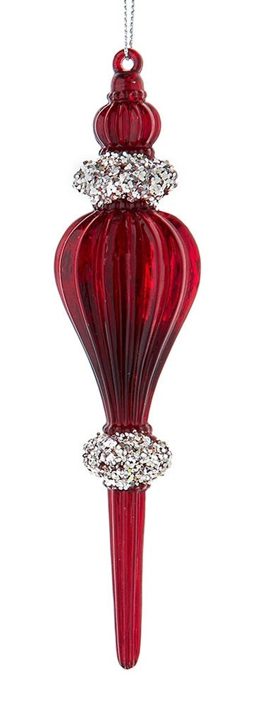 Finial shaped ornament. One is red with silver glitter and one is silver with silver glitter.