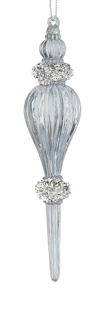 Finial shaped ornament. One is red with silver glitter and one is silver with silver glitter.