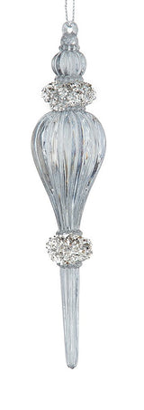 Finial shaped ornament. One is red with silver glitter and one is silver with silver glitter.