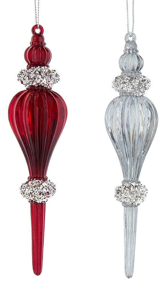 Finial shaped ornament. One is red with silver glitter and one is silver with silver glitter.