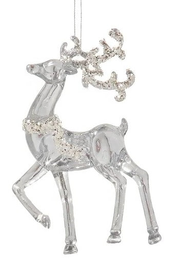 Transparent ornaments shaped like deer and covered in silver glitter.