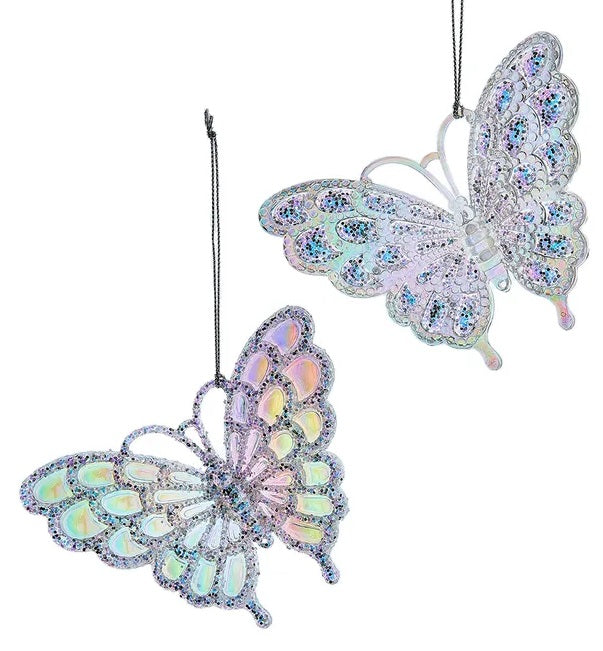 Ornaments shaped like butterflies. Both feature an opalescent design.
