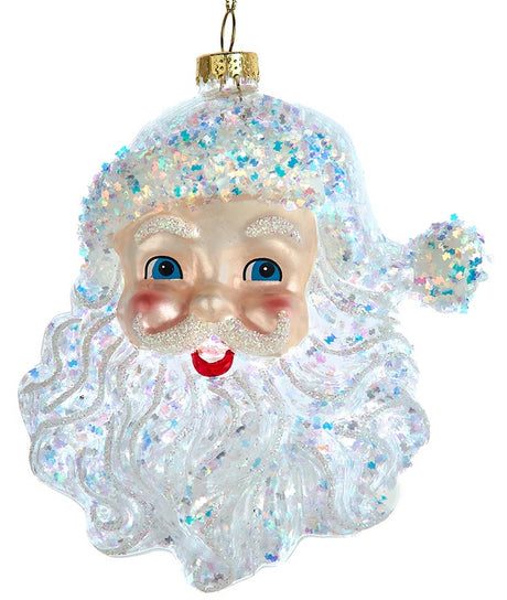Smiling Santa Claus head ornament. Features a glittered hat, glittered eyebrows, glittered mustache and beard. His cheeks are rosy and his eyes are blue. Hangs from a gold string.