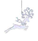Shiny opalescent deer ornaments covered in glitter. One is standing and one is jumping.