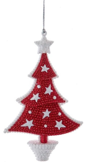 Ornament shaped like a decorated Christmas tree. This one is red with white accents.
