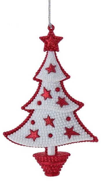 Ornament shaped like a decorated Christmas tree. This one is white with red accents.
