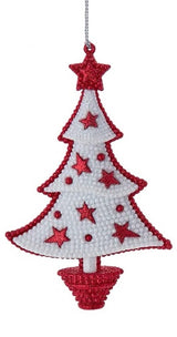 Ornament shaped like a decorated Christmas tree. This one is white with red accents.