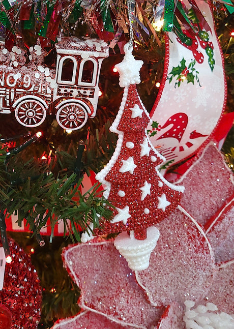 Ornament shaped like a decorated Christmas tree. There are two different color options.