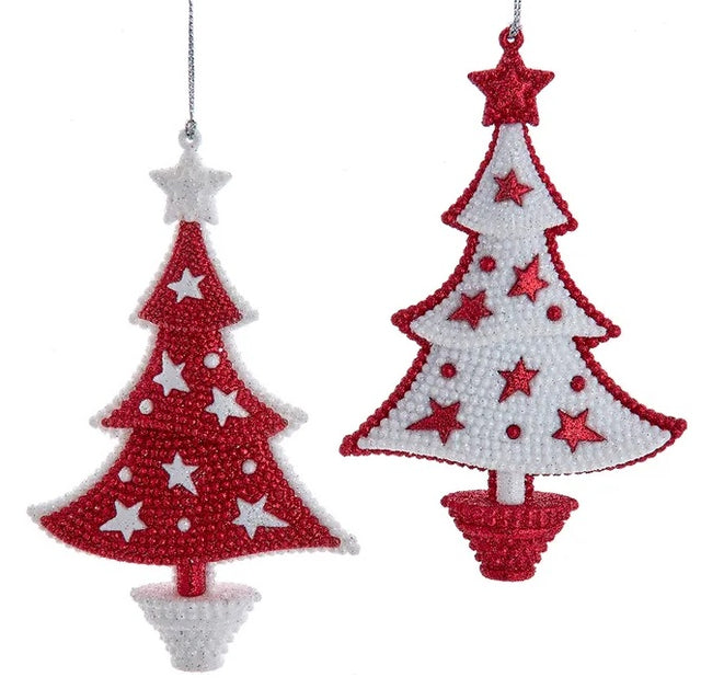 Ornament shaped like a decorated Christmas tree. There are two different color options.