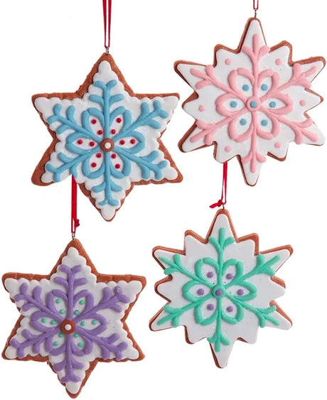 Ornament designed to look like a frosted gingerbread cookie. Two are shaped like six-point stars and two are shaped like snowflakes. They're all decorated with intricate designs. You get one, this image shows all four options.
