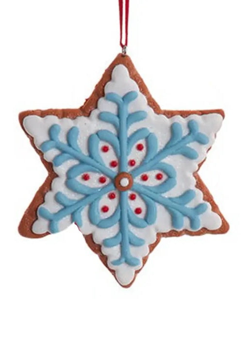 Ornament designed to look like a frosted gingerbread cookie. Two are shaped like six-point stars and two are shaped like snowflakes. They're all decorated with intricate designs. You get one, this image shows all four options.