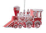 Red and white colored train ornament.