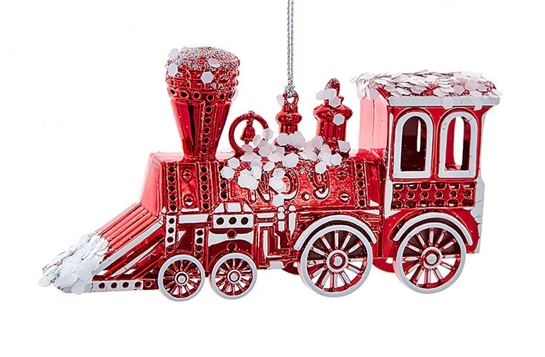 Red and white colored train ornament.