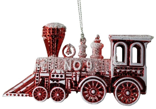 Red and white colored train ornament.