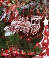 Red and white colored train ornament.