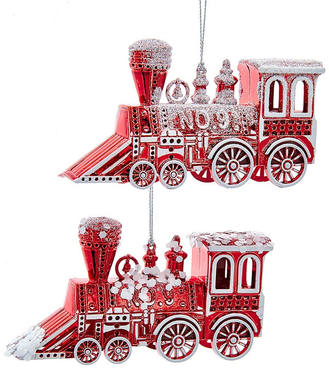Red and white colored train ornament.