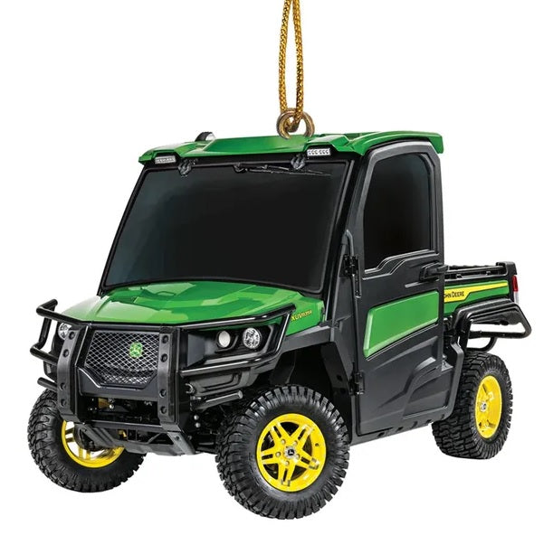 Ornament shaped like a John Deere utility vehicle.