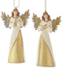 Angel-shaped ornament. One angel is praying. One angel is holding a dove. Both angels feature gold gowns and gold wings with silver accents.