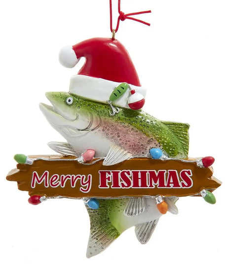 Ornament shaped like a trout wearing a Santa hat. There's a sign on the fish that reads "Merry Fishmas."