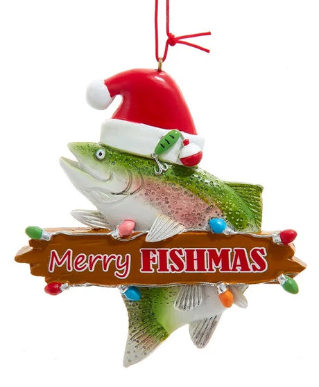 Ornament shaped like a trout wearing a Santa hat. There's a sign on the fish that reads "Merry Fishmas."