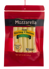 An ornament shaped like a package filled with string cheese. It reads "Mozzarella. String cheese snacks. Low moisture part-skim mozzarella natural cheese. A natural source of calcium with 7 g of Protein. 12 90 calorie snacks."