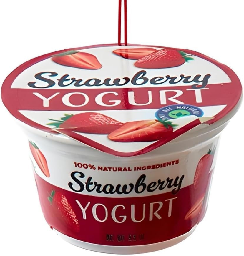 Ornament shaped like a cup of yogurt. One ornament is white and red and "flavored" strawberry. One ornament is white and blue and "flavored" blueberry. One ornament is white and orange and "flavored" peach. One ornament is white and blue and "flavored" Greek-style.