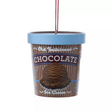 Ornaments shaped like a pint of ice cream. There are 5 options: Cookies & Cream, Strawberry, Chocolate, Vanilla or Mint Chocolate Chip. Each ornament features intricate details with a lifelike appearance, from the labels on the pint containers to the swirls of ice cream.