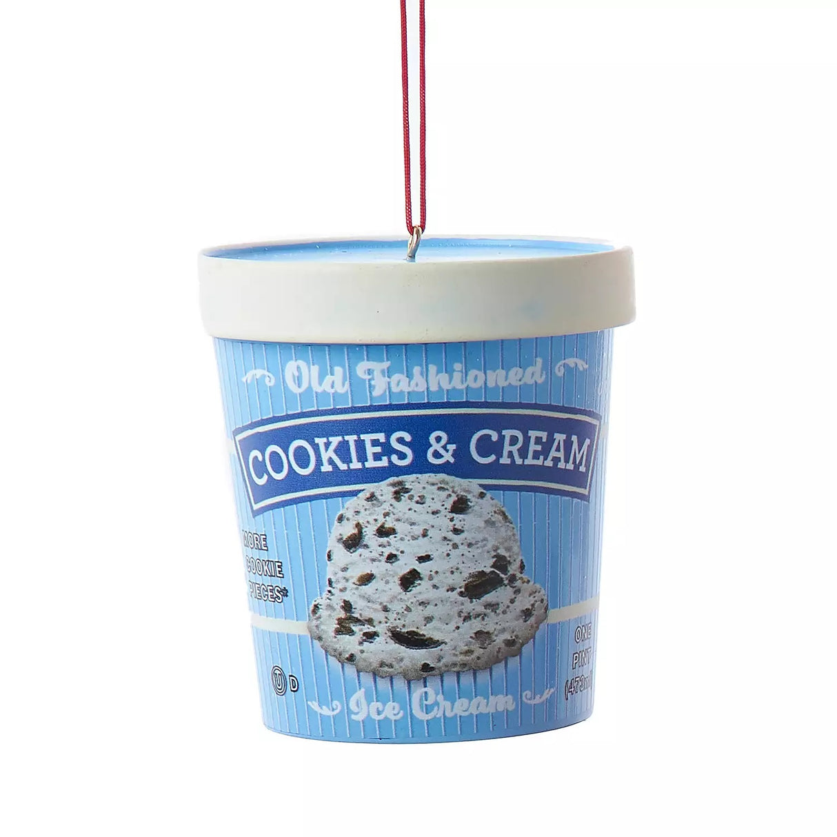 Ornaments shaped like a pint of ice cream. There are 5 options: Cookies & Cream, Strawberry, Chocolate, Vanilla or Mint Chocolate Chip. Each ornament features intricate details with a lifelike appearance, from the labels on the pint containers to the swirls of ice cream.
