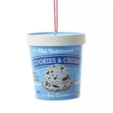 Ornaments shaped like a pint of ice cream. There are 5 options: Cookies & Cream, Strawberry, Chocolate, Vanilla or Mint Chocolate Chip. Each ornament features intricate details with a lifelike appearance, from the labels on the pint containers to the swirls of ice cream.