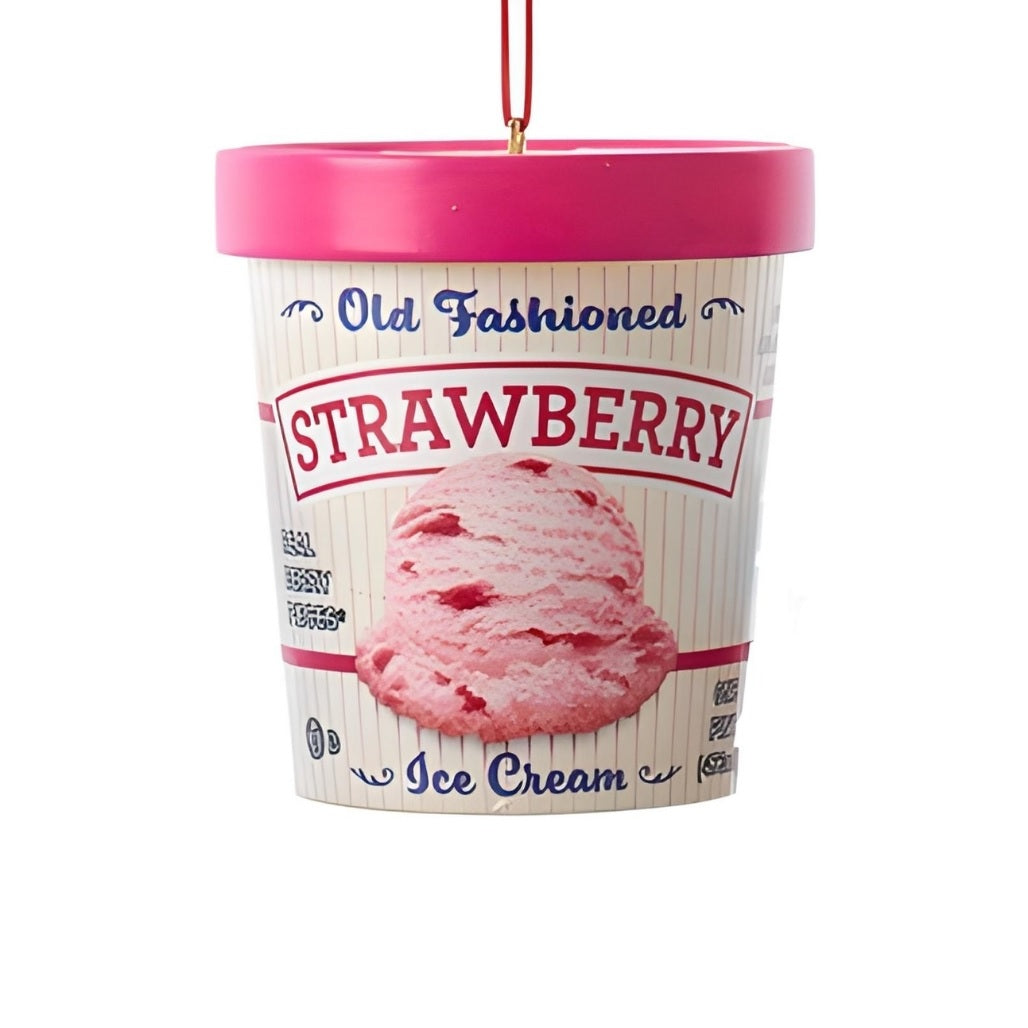 Ornaments shaped like a pint of ice cream. There are 5 options: Cookies & Cream, Strawberry, Chocolate, Vanilla or Mint Chocolate Chip. Each ornament features intricate details with a lifelike appearance, from the labels on the pint containers to the swirls of ice cream.