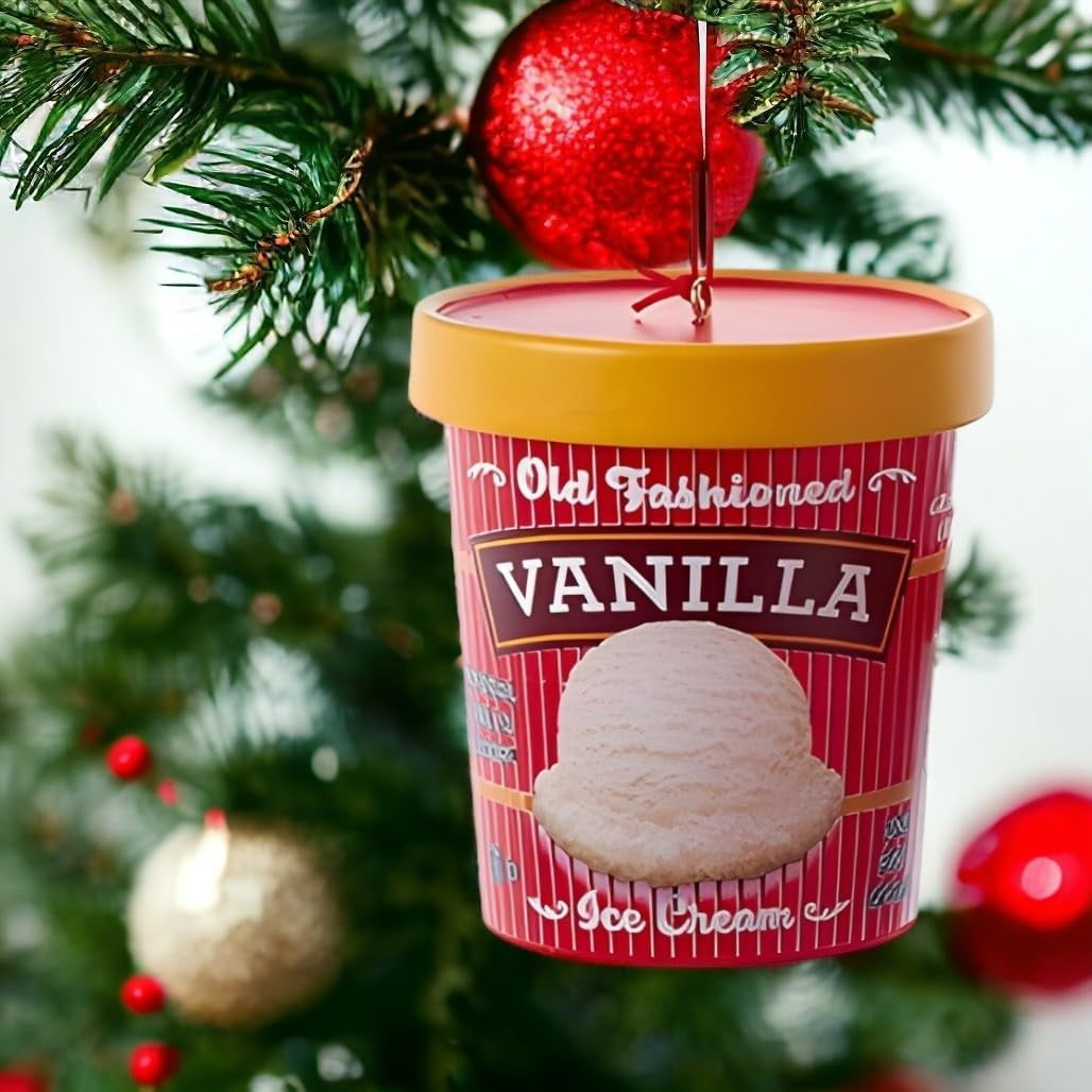 Ornaments shaped like a pint of ice cream. There are 5 options: Cookies & Cream, Strawberry, Chocolate, Vanilla or Mint Chocolate Chip. Each ornament features intricate details with a lifelike appearance, from the labels on the pint containers to the swirls of ice cream.